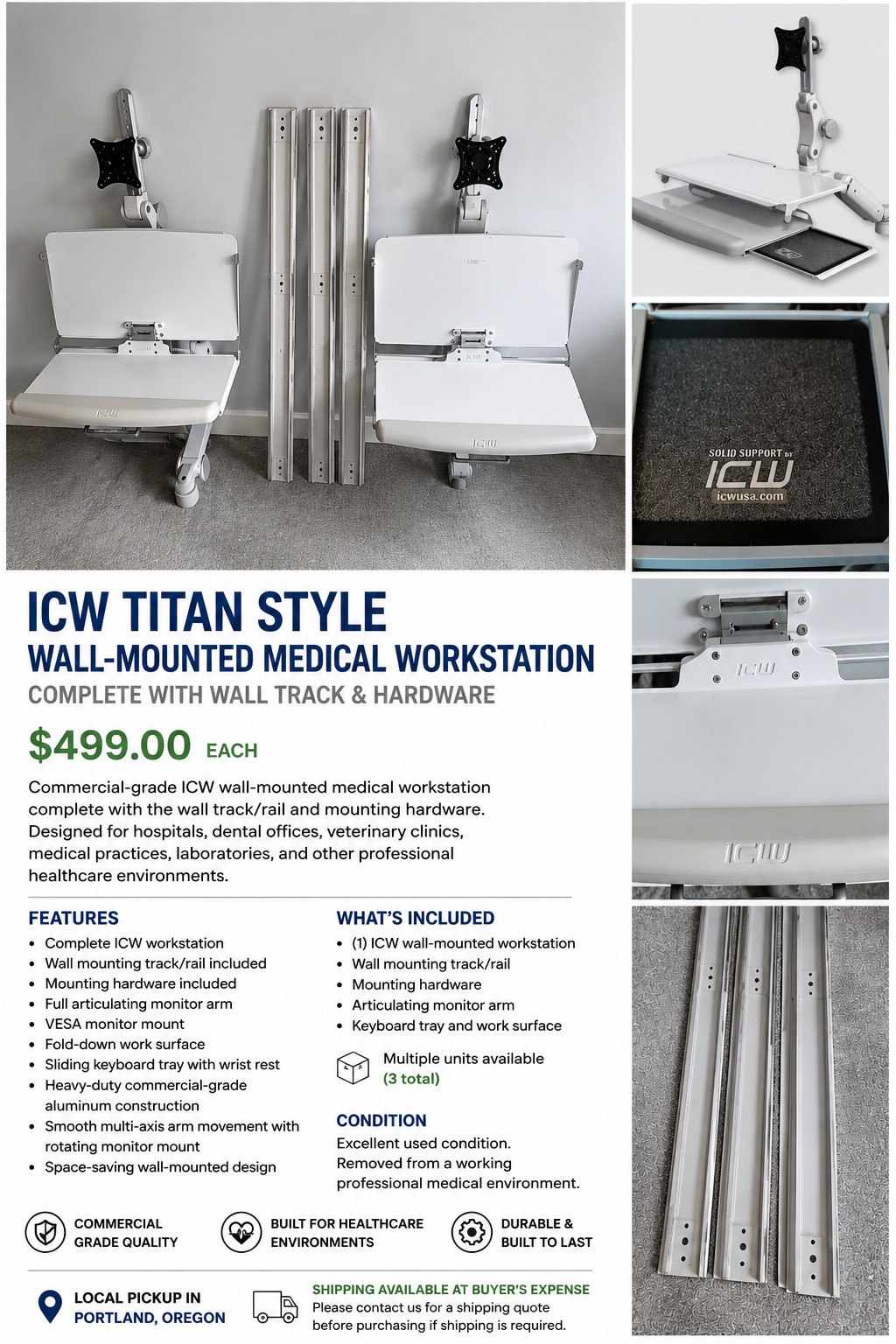 ICW Titan Elite Medical Wall Workstation | 360° Articulating Monitor Arm | Wall Track Included | $599